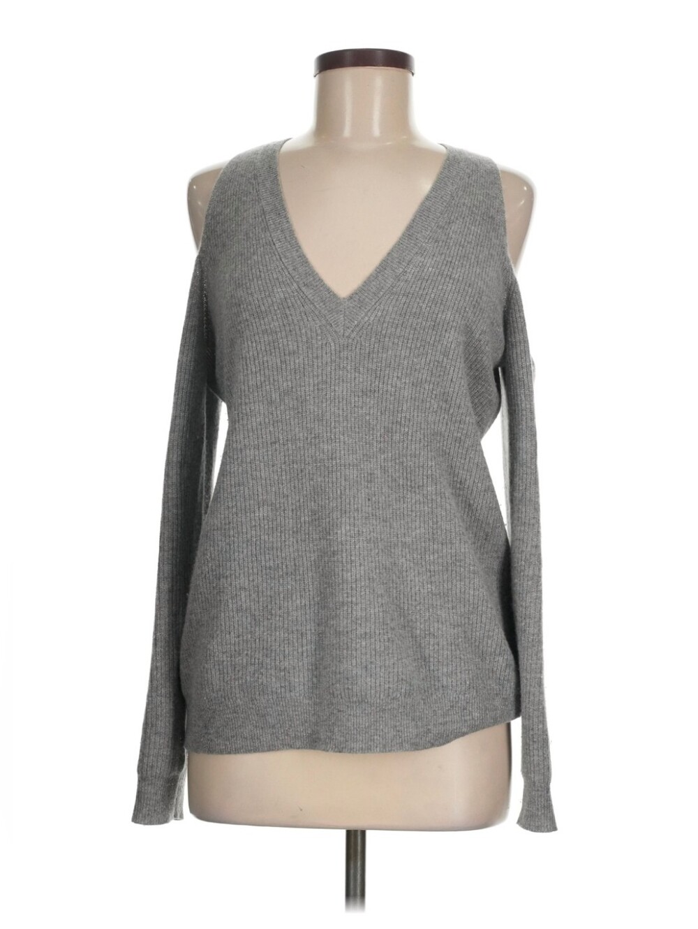 $375 Milly New York 100% Cashmere Cold Shoulders Ribbed Sweater Womens M Gray